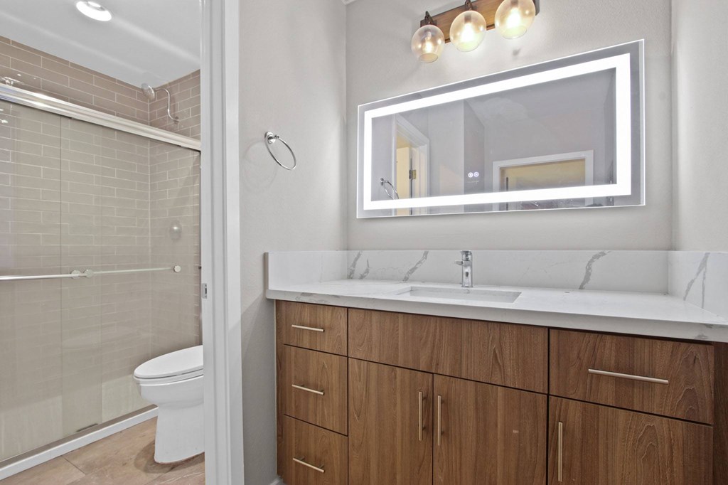 A bathroom with a white sink and a mirror above it.