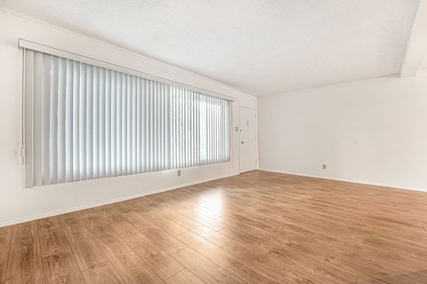 A room with wooden flooring and a window with blinds.