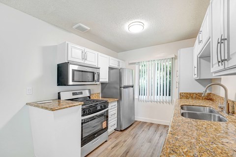 A kitchen with a granite counter top and stainless steel appliances.