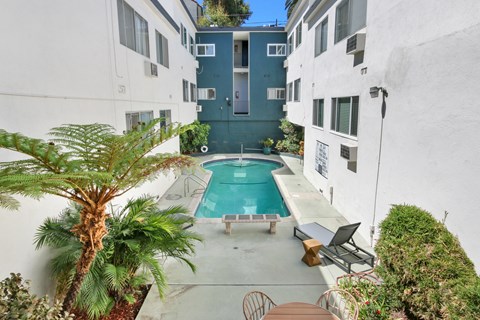 A pool surrounded by a patio with chairs and a palm tree.