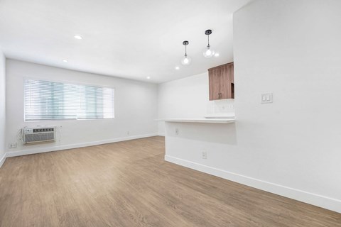 A room with a window and a wooden floor.