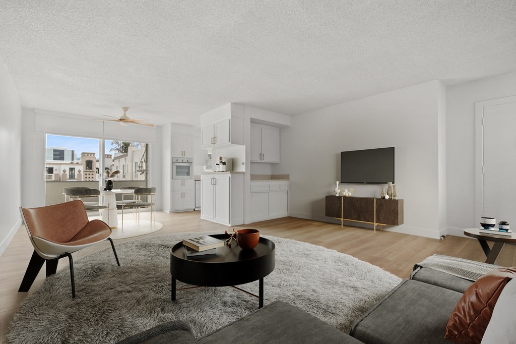 A modern living room with a brown chair and a grey rug.