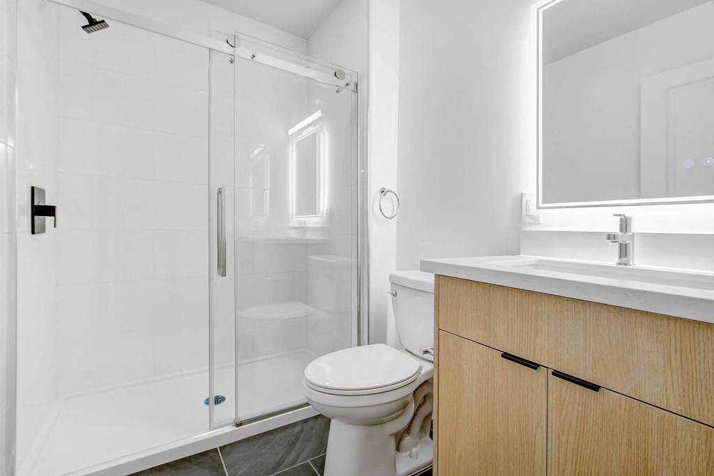 a bathroom with a toilet and a shower