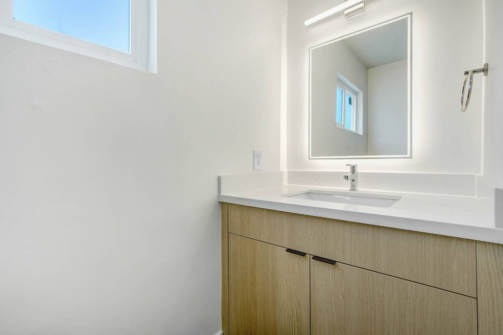 a bathroom with a sink and a mirror