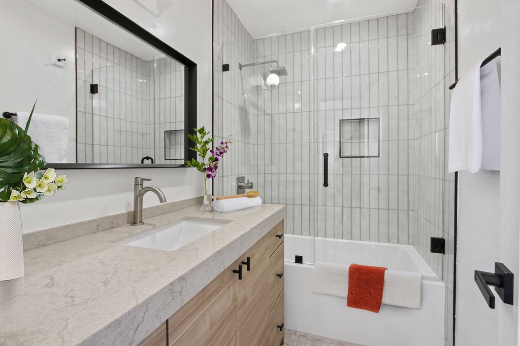a bathroom with a tub and a sink and a mirror