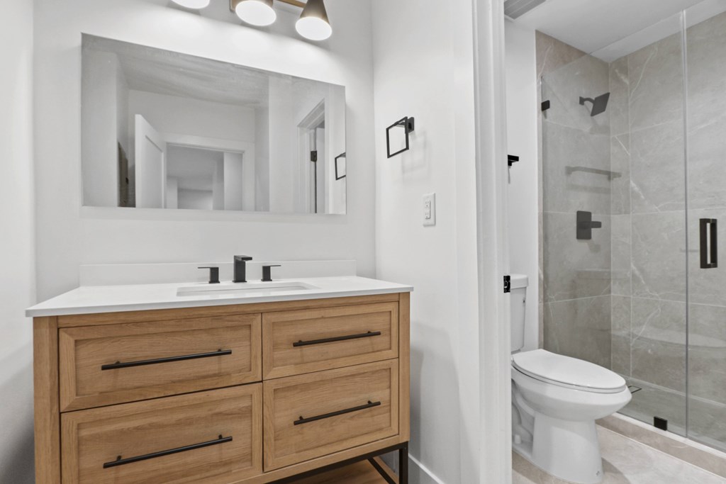 A bathroom with a white toilet and a wooden vanity with a mirror above it.