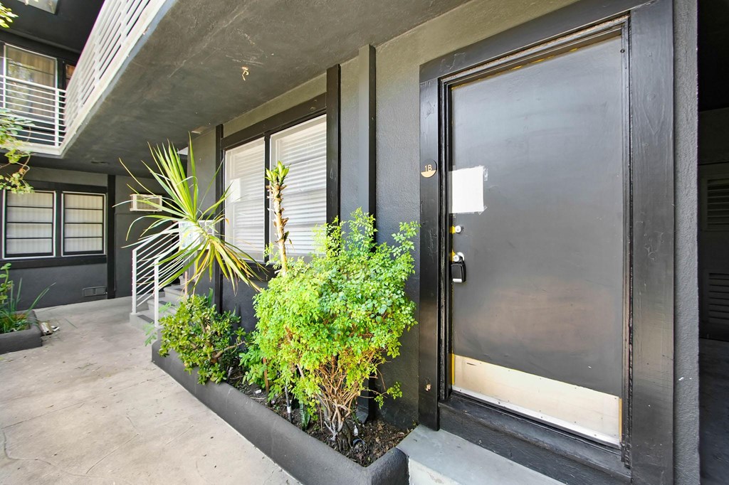 A black door with a glass window is on the right side of the image.