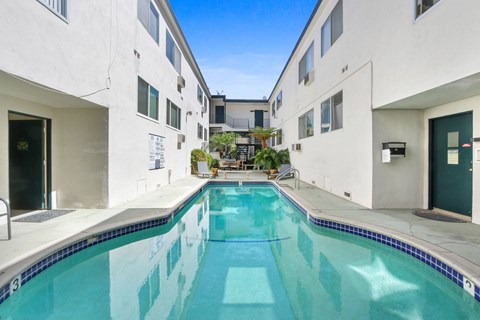 A swimming pool in a residential building.