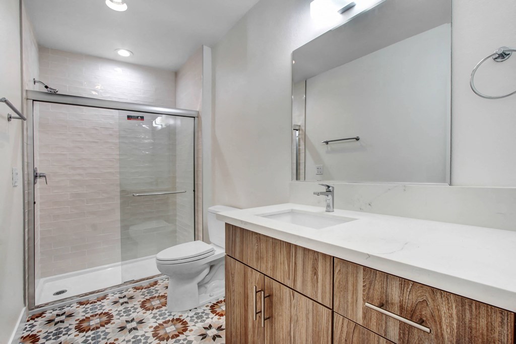 a bathroom with a shower and a sink and a toilet