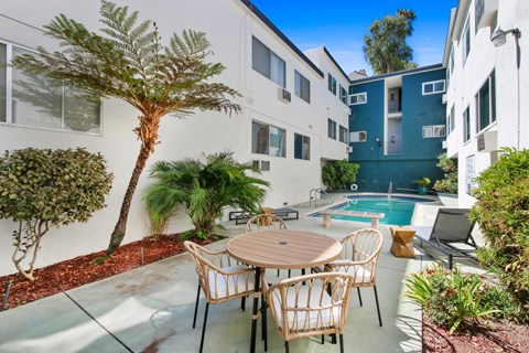 A patio with a table and chairs is surrounded by plants and a pool.
