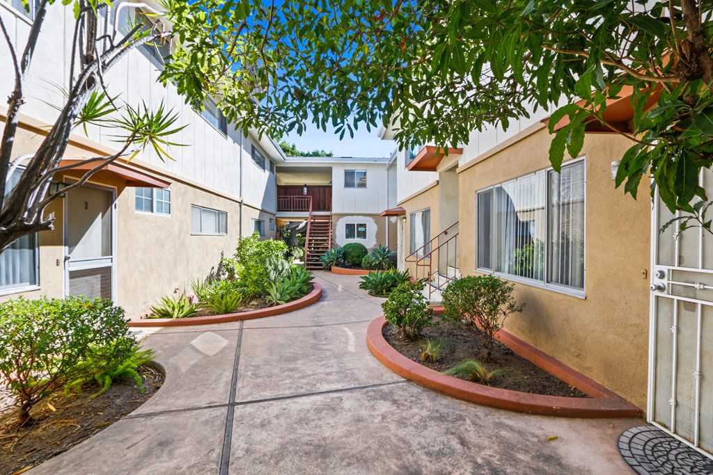 A courtyard surrounded by buildings with a tree in the foreground.