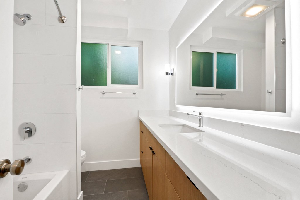 a bathroom with a sink and a mirror and a shower