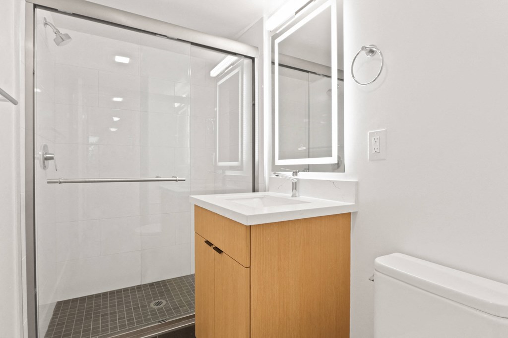 a bathroom with a sink and a shower