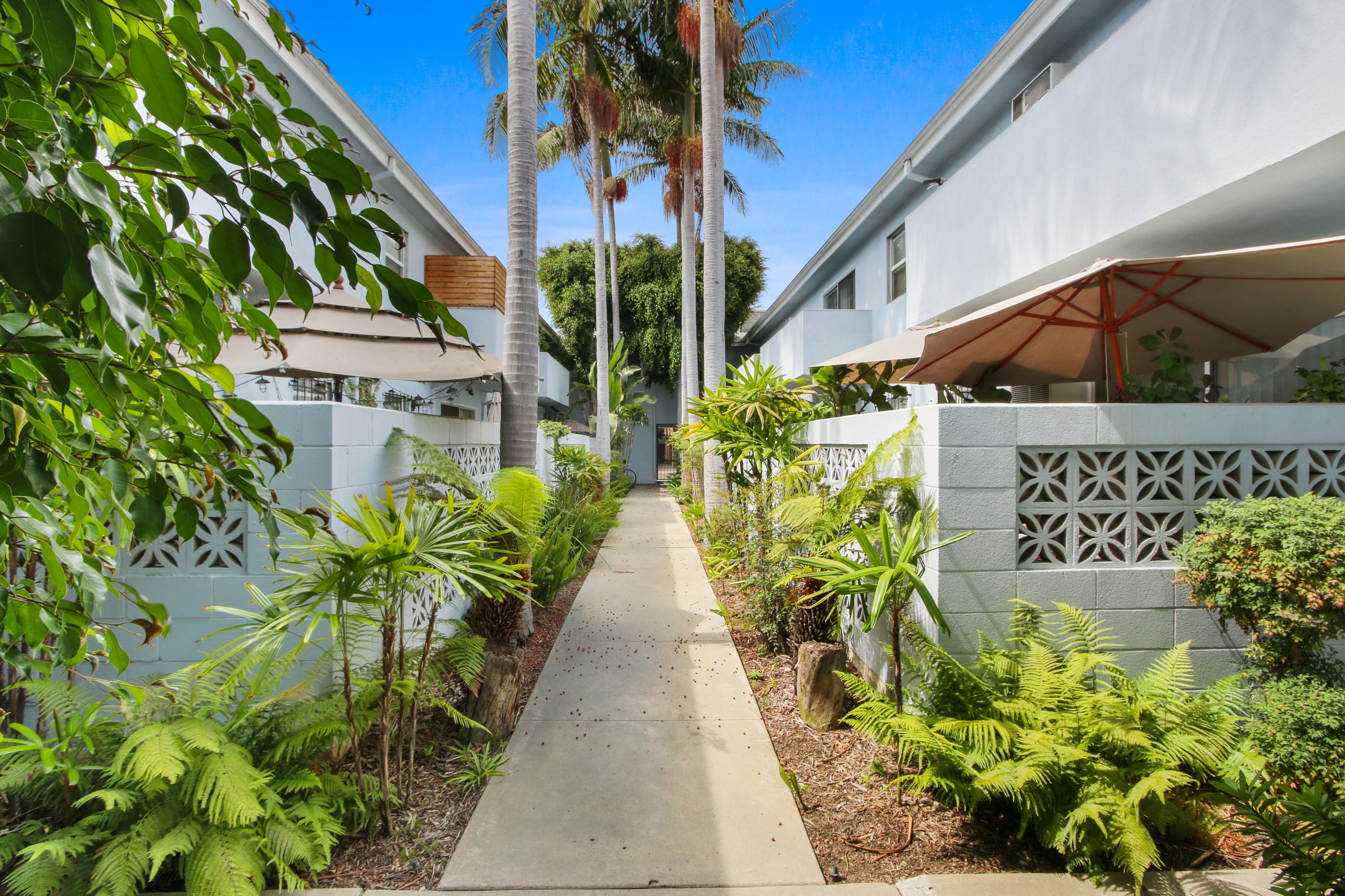 A concrete walkway leads between two white buildings with a fence and green plants on either side.