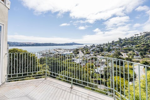 A balcony overlooks a residential area with a body of water in the distance.