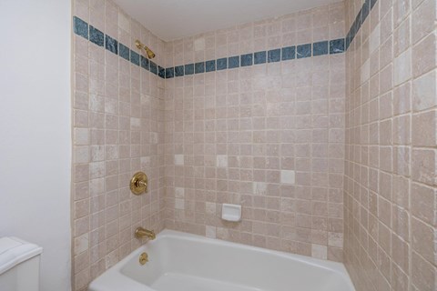 A white bathtub with a gold faucet and a white toilet in a bathroom.