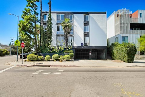 A street view of a building with a stop sign and a tree.