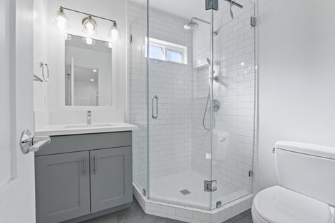 A white bathroom with a walk in shower and a toilet.