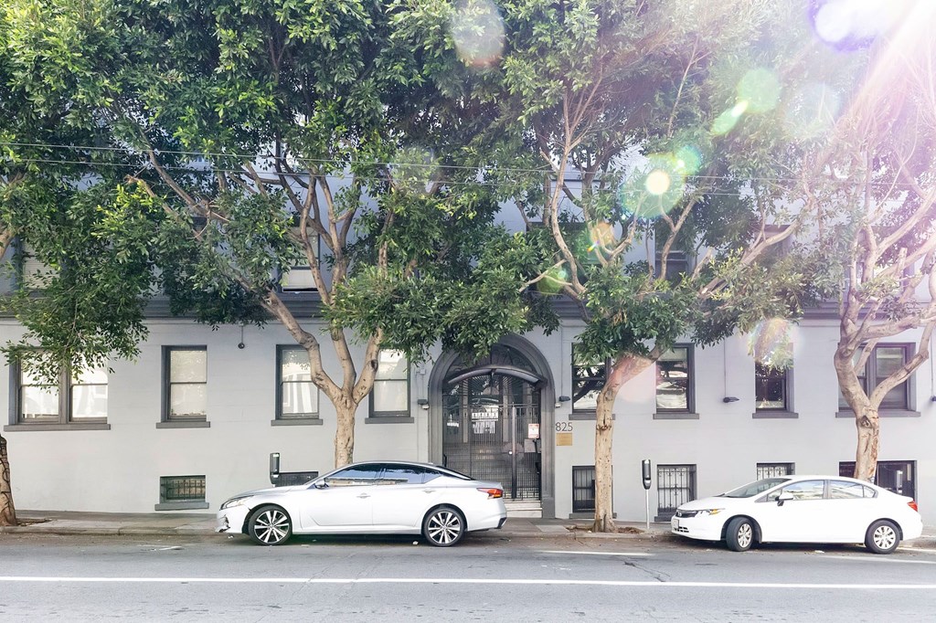 Two white cars are parked on the street in front of a building with trees.