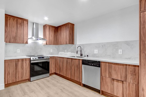 a kitchen with wooden cabinets and marble counter tops and a stove and dishwasher