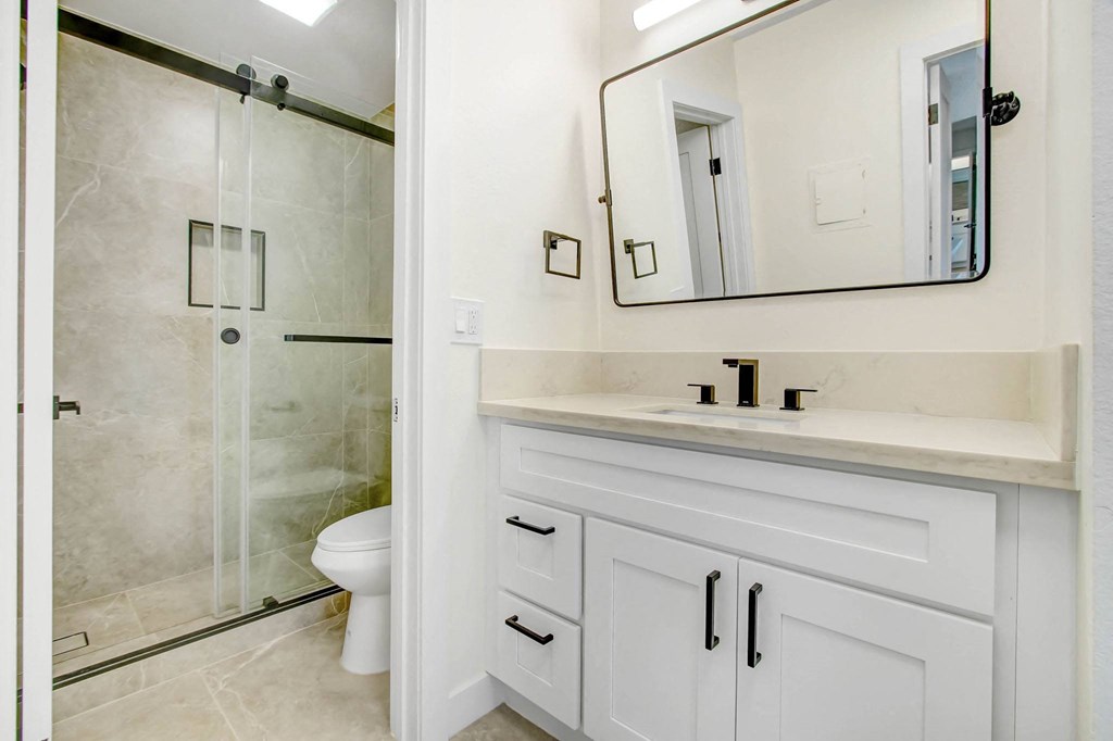 a bathroom with a sink toilet and a shower