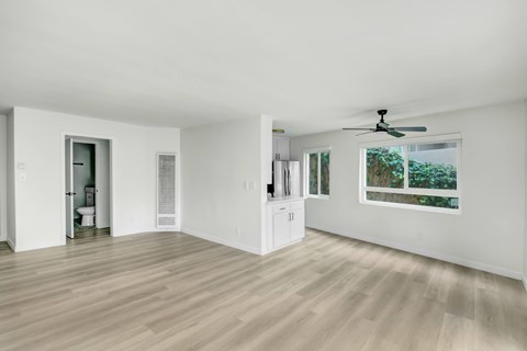 A room with a ceiling fan and a window showing trees outside.