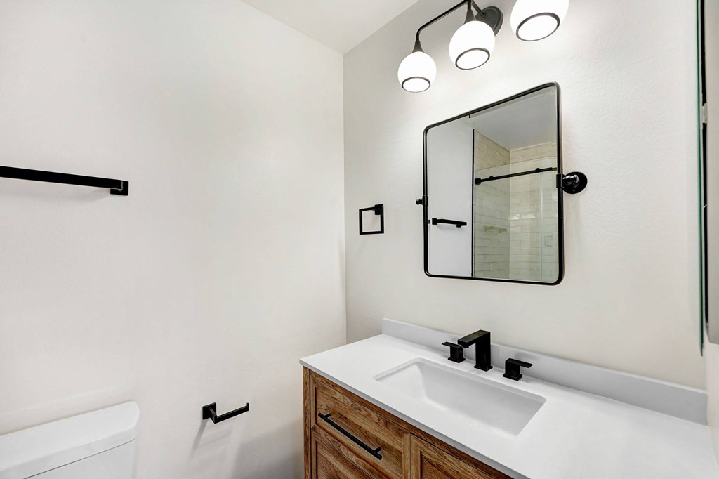 A bathroom with a white sink and a mirror above it.