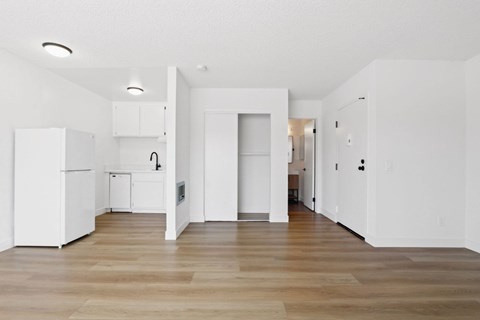 A white kitchen with wood floors and white walls.