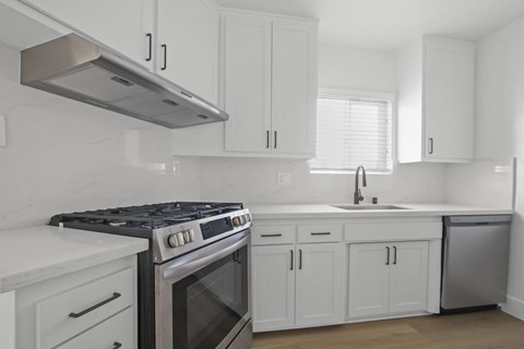 A modern kitchen with white cabinets and a stainless steel dishwasher.