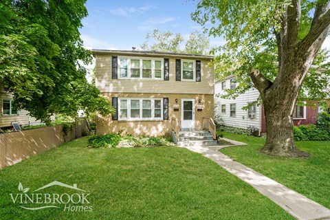 a front view of a house with a yard and a tree