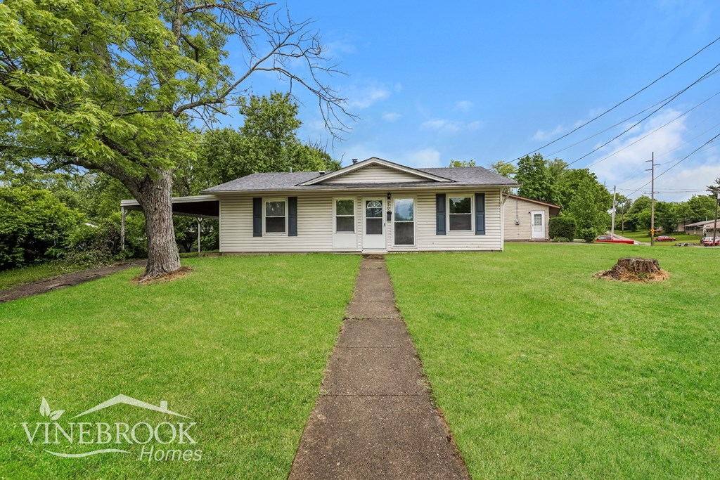 A house with a lawn and a tree in front of it.