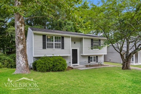 a white house with black shutters and a tree