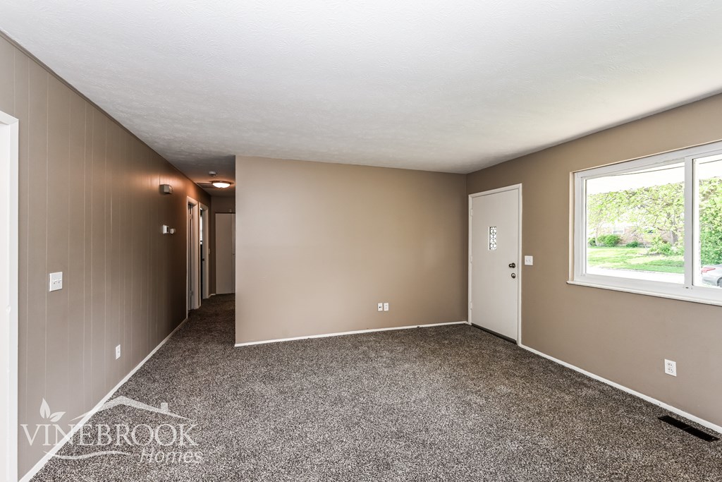 A room with a carpet floor and a window showing greenery outside.