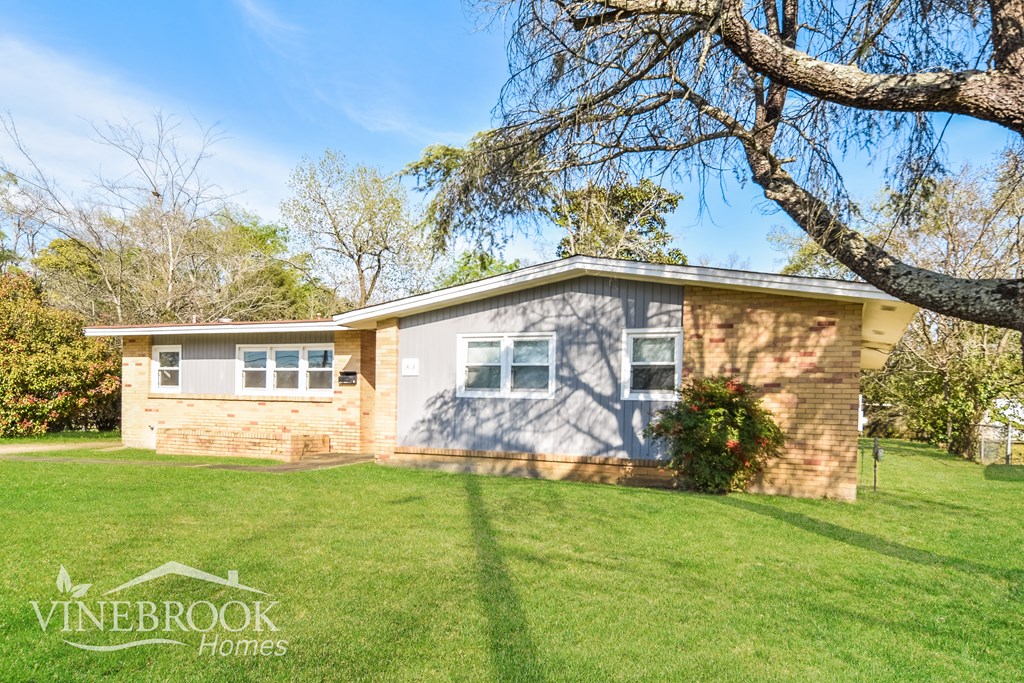 A house with a lawn in front and a tree branch in front of it.