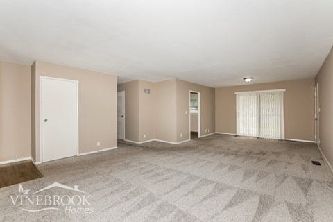 a living room with carpet and a door to a closet