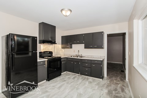 A black fridge and black cabinets in a kitchen.
