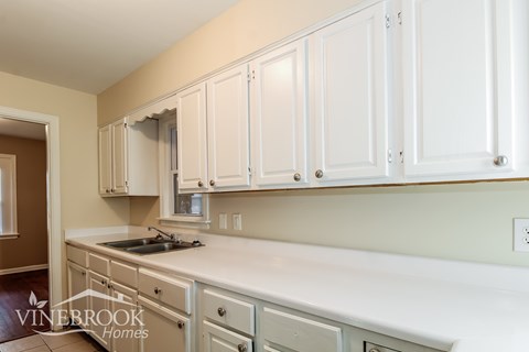 A kitchen with white cabinets and a sink.