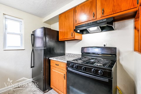 A black refrigerator and stove in a kitchen with wooden cabinets.