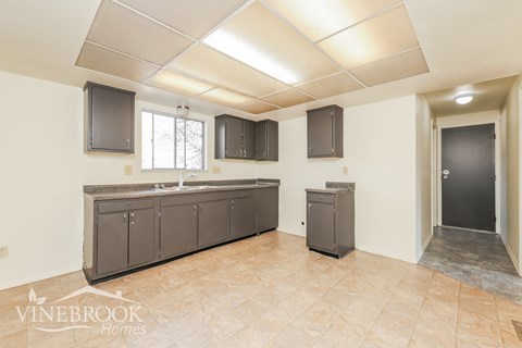 A kitchen area with a counter and cabinets.