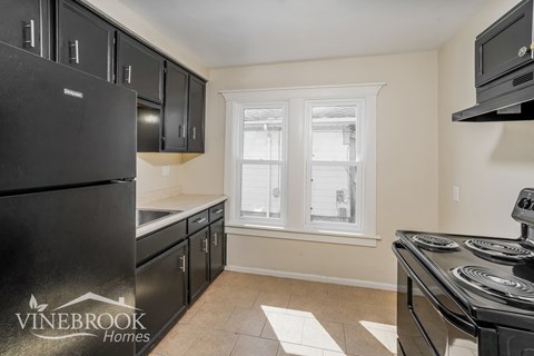 A kitchen with black cabinets and appliances is for sale.