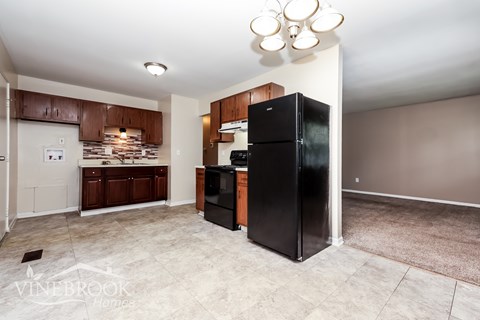 A kitchen with a black fridge and a black oven.
