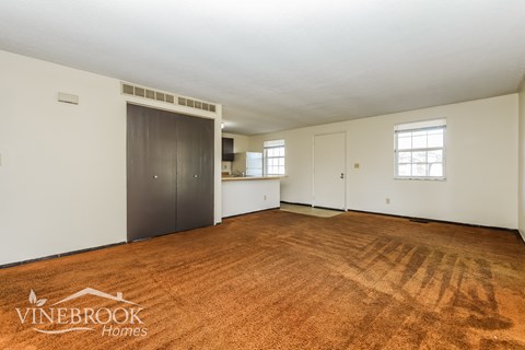 A room with a brown carpet and a logo that says Vinebrook Homes.