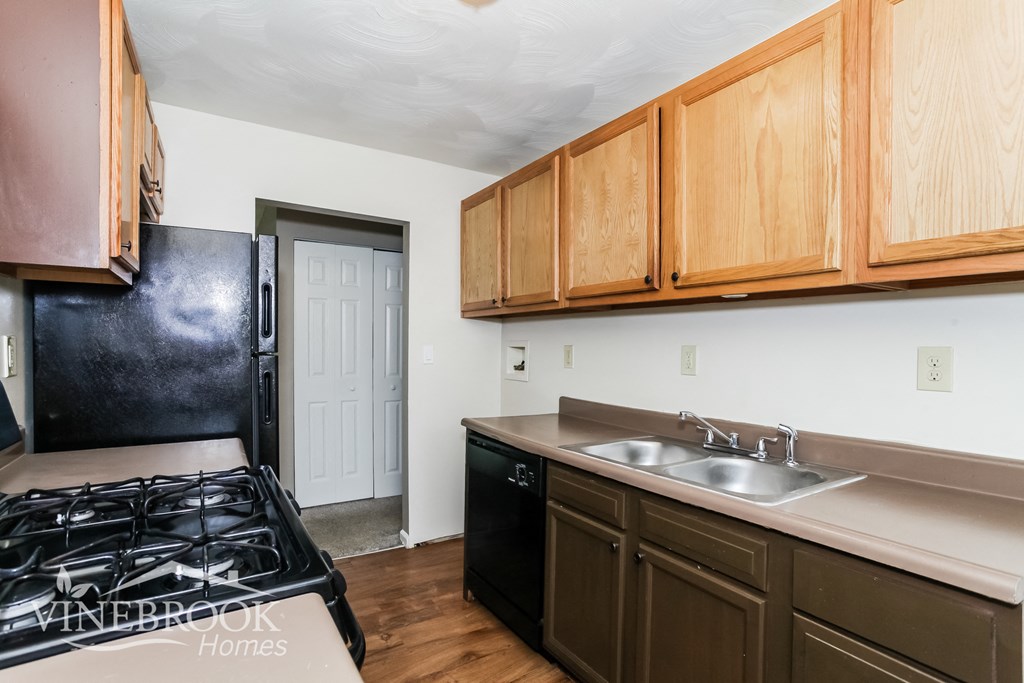 a kitchen with a stove and a sink and wooden cabinets