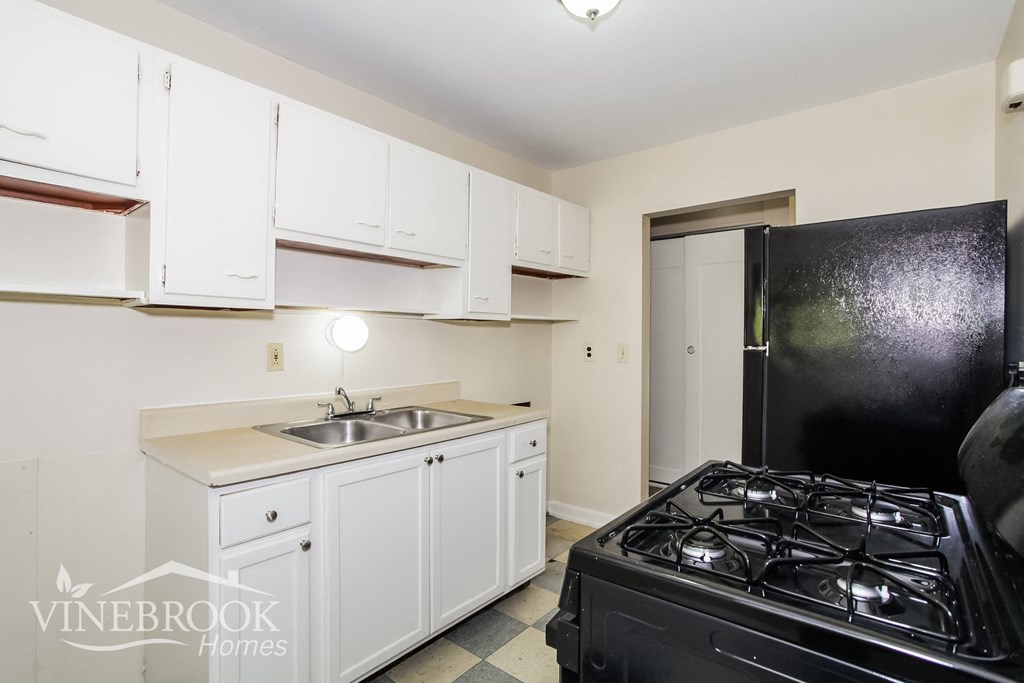 a white kitchen with a black stove and a sink