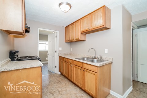 a kitchen with wooden cabinets and a sink