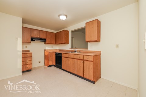 A kitchen with wooden cabinets and a sink.