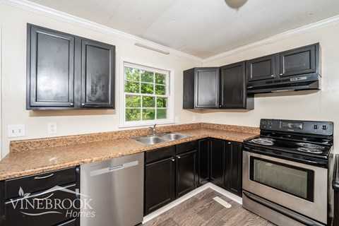 A kitchen with black cabinets and a Vinebrook Homes logo.