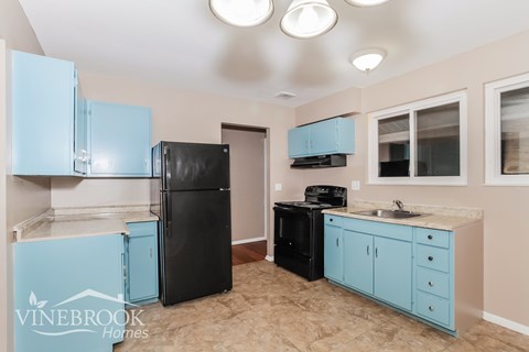 A kitchen with a black refrigerator, black oven, and blue cabinets.
