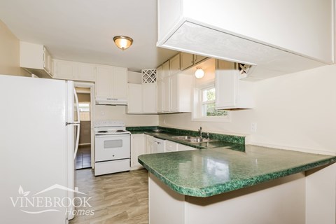 A kitchen with a green granite counter top.