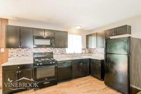 A kitchen with black appliances and cabinets.